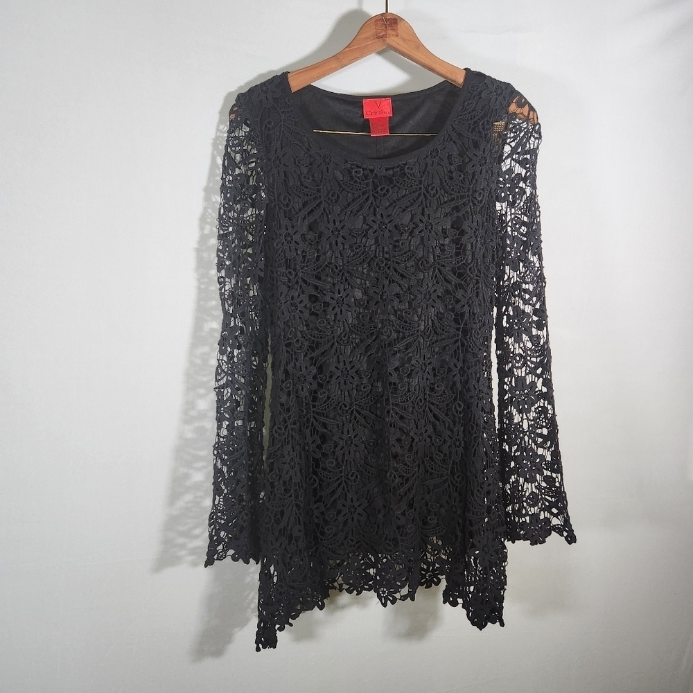 V Cristina Black Floral Guipure Lace Neck Line Bell Sleeve Tunic